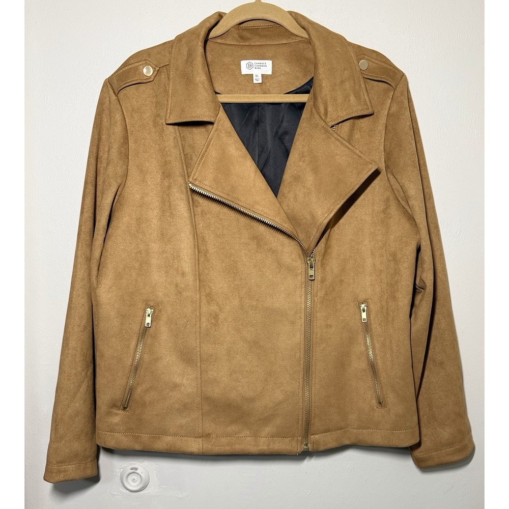 Candace Cameron Bure Faux Suede Moto Jacket Women's XL Camel Brown Biker Zip